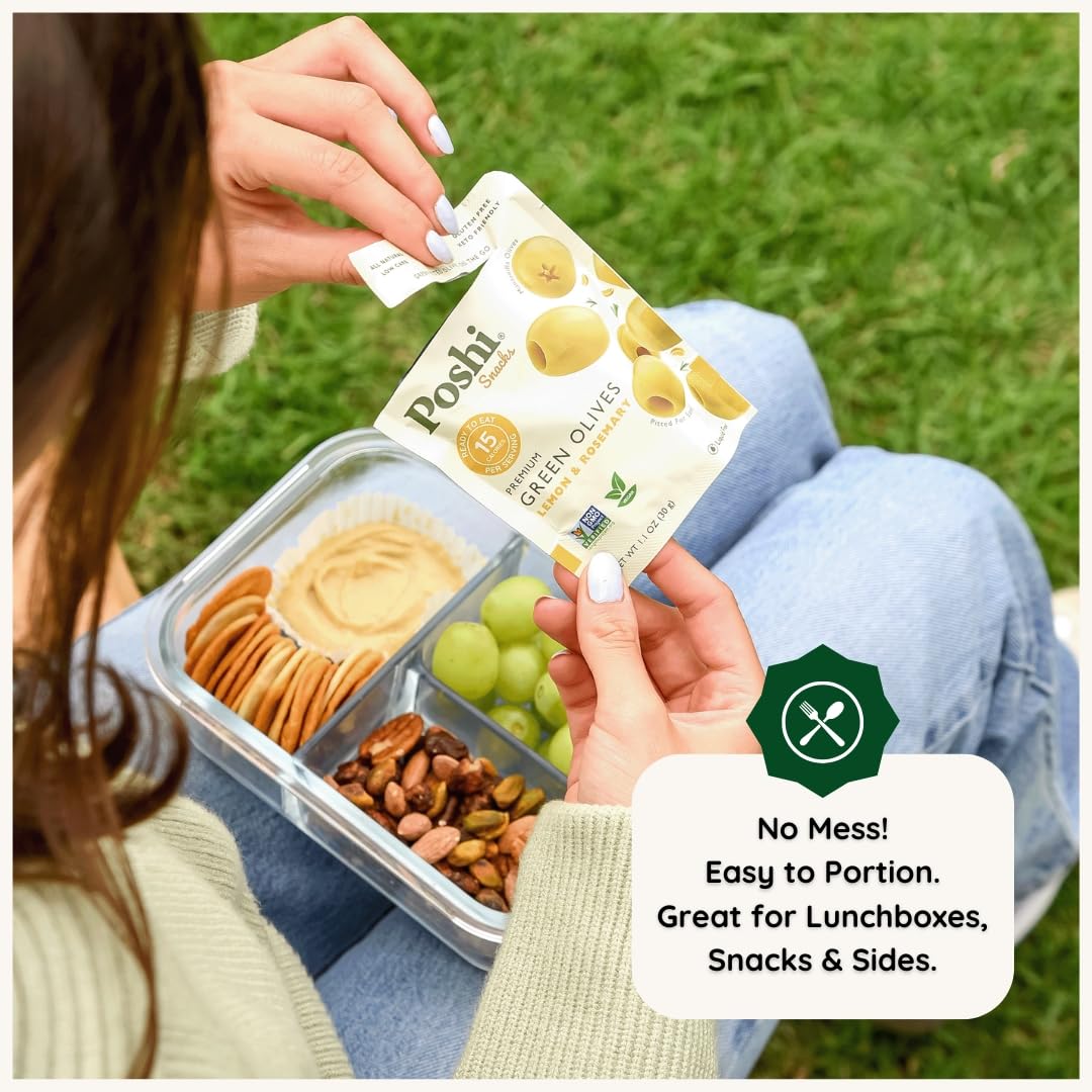 POSHI Green Pitted Olives – Lemon & Rosemary | Vegan, Gluten Free, Keto Snack (30 x 1.1oz Bags)