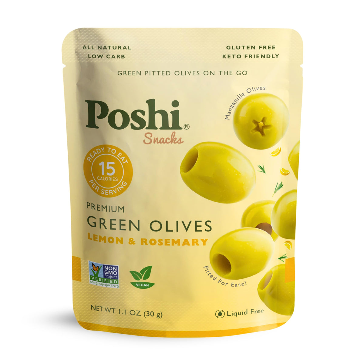 POSHI Green Pitted Olives – Lemon & Rosemary | Vegan, Gluten Free, Keto Snack (30 x 1.1oz Bags)