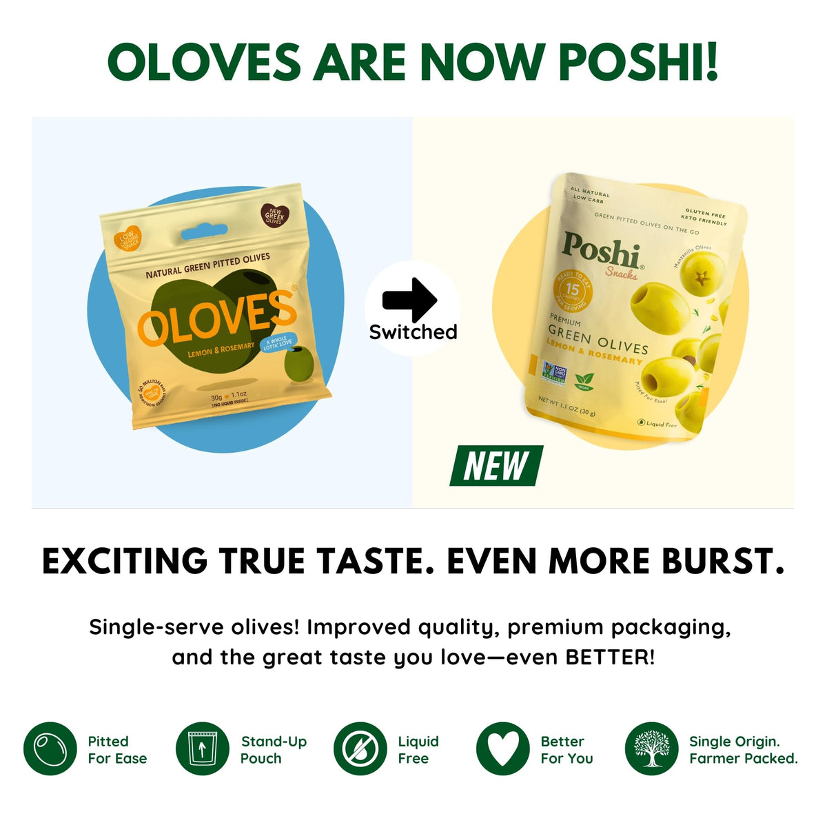 POSHI Green Pitted Olives – Lemon & Rosemary | Vegan, Gluten Free, Keto Snack (30 x 1.1oz Bags)