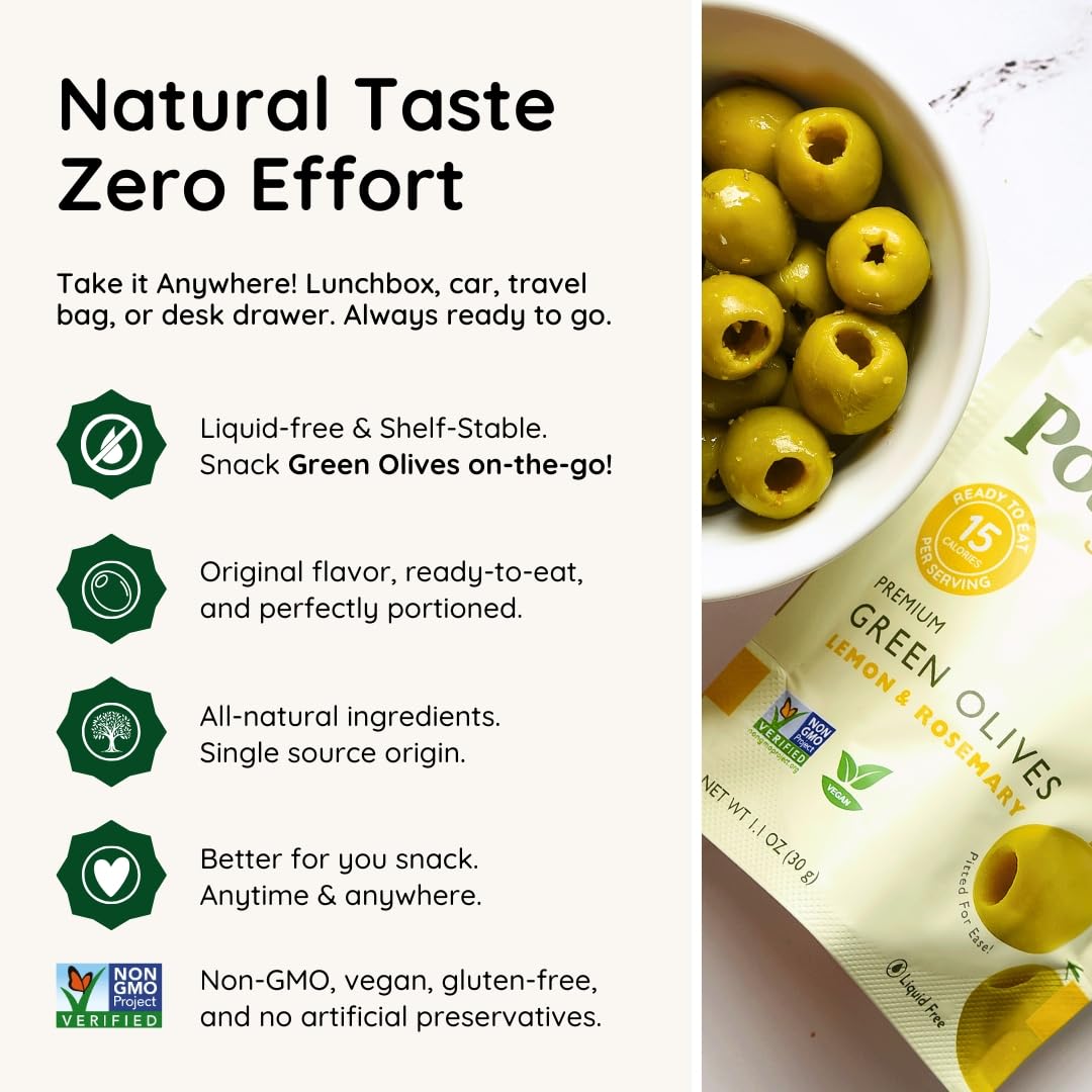 POSHI Green Pitted Olives – Lemon & Rosemary | Vegan, Gluten Free, Keto Snack (30 x 1.1oz Bags)