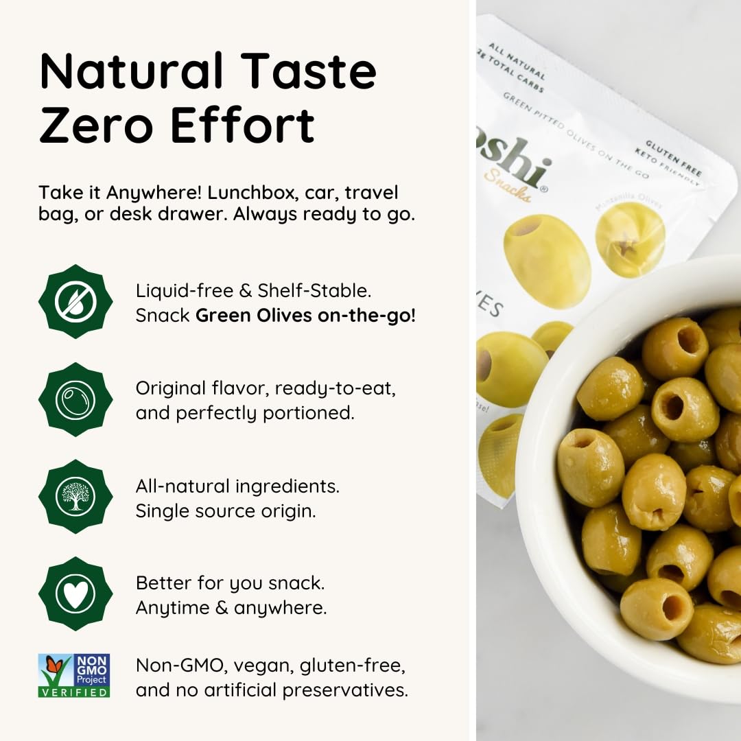 Poshi Green Olives On-The-Go - Original Flavor - 1.1 oz Pouches (30-Pack)