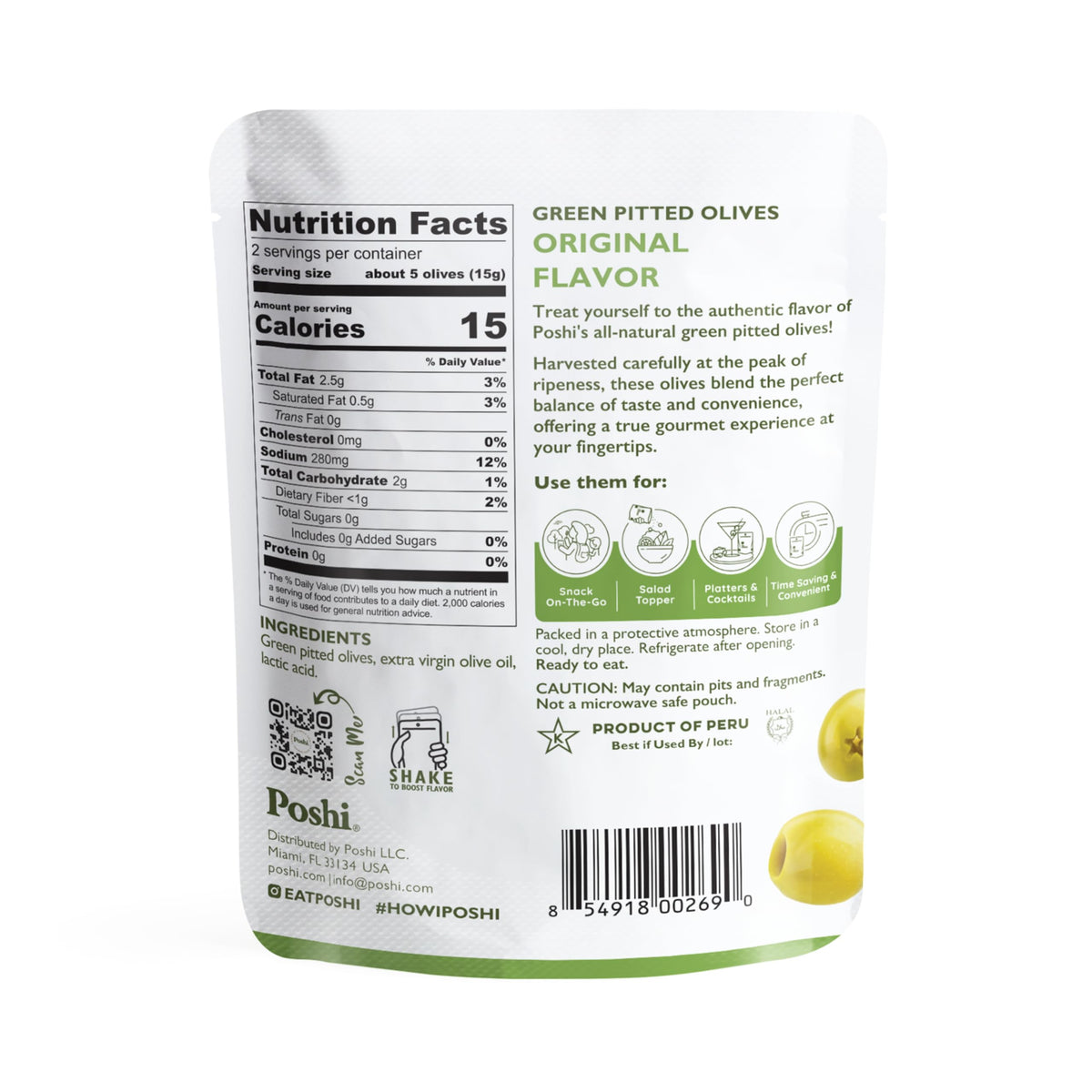 Poshi Green Olives On-The-Go - Original Flavor - 1.1 oz Pouches (30-Pack)