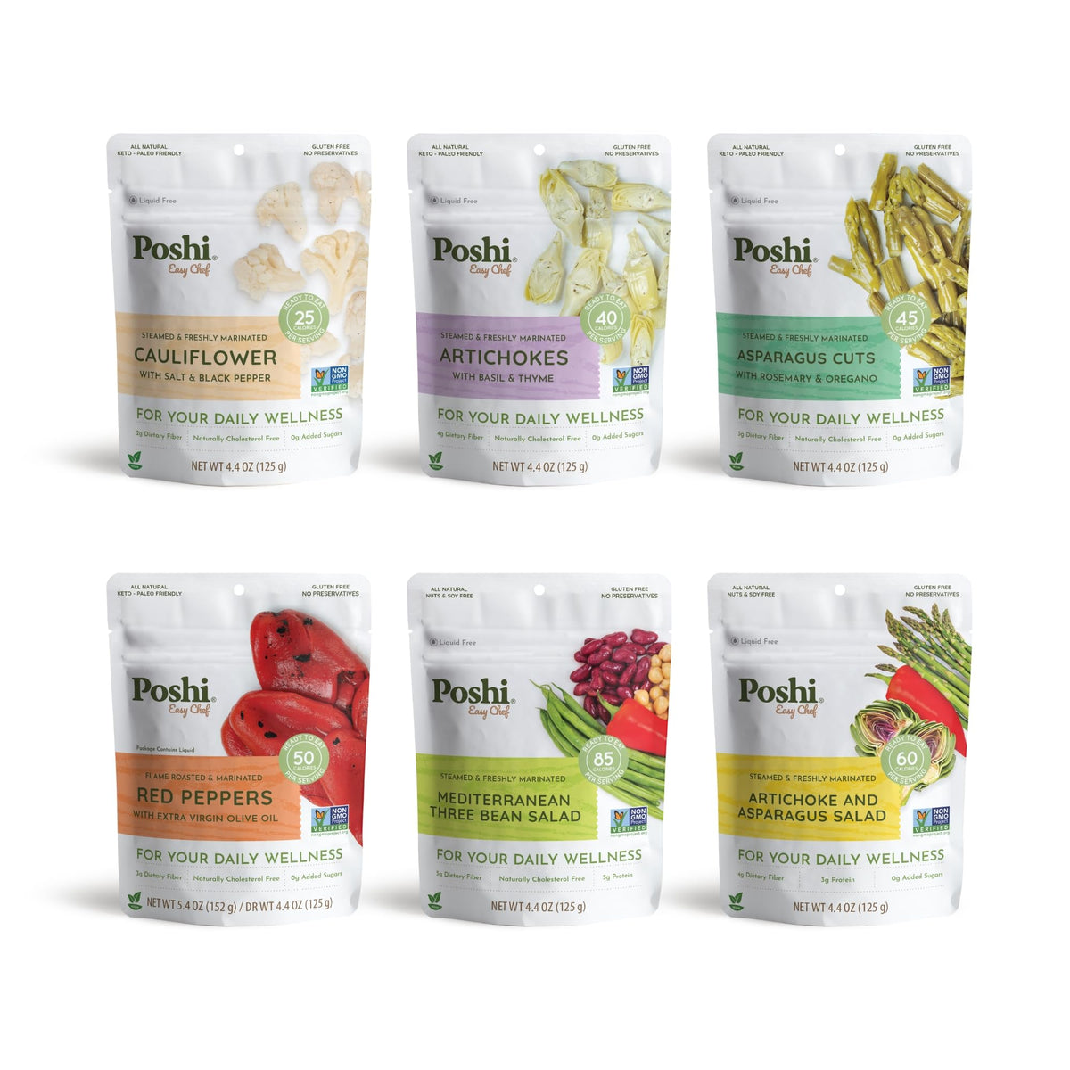 POSHI Marinated Vegetables Variety Pack | Ready-to-Eat, Low Calorie, Keto & Vegan