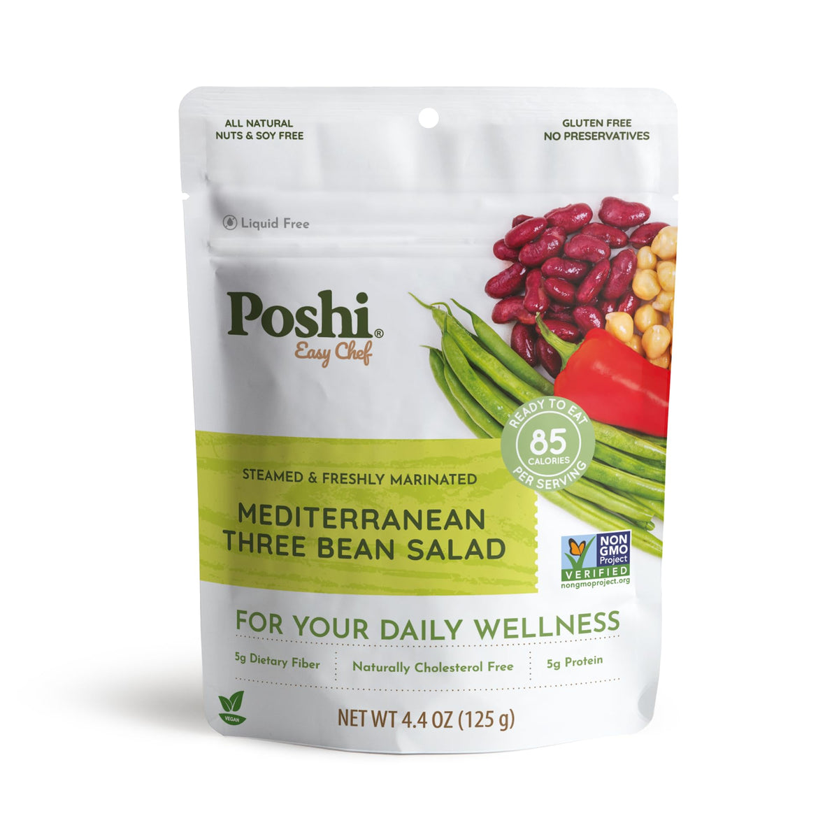 POSHI Mediterranean Three Bean Salad – Ready to Eat, Vegan, Keto, Gluten Free, 6 Pack (4.4 oz each)