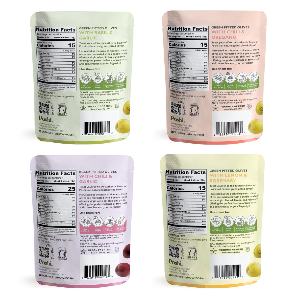 Poshi Natural Whole Pitted Olives – 24 Pack Variety (Basil & Garlic, Chili & Oregano, Chili + Garlic, Lemon & Rosemary)