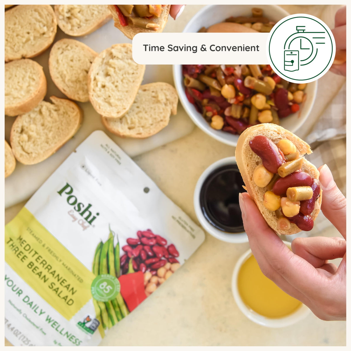 POSHI Mediterranean Three Bean Salad – Ready to Eat, Vegan, Keto, Gluten Free, 6 Pack (4.4 oz each)