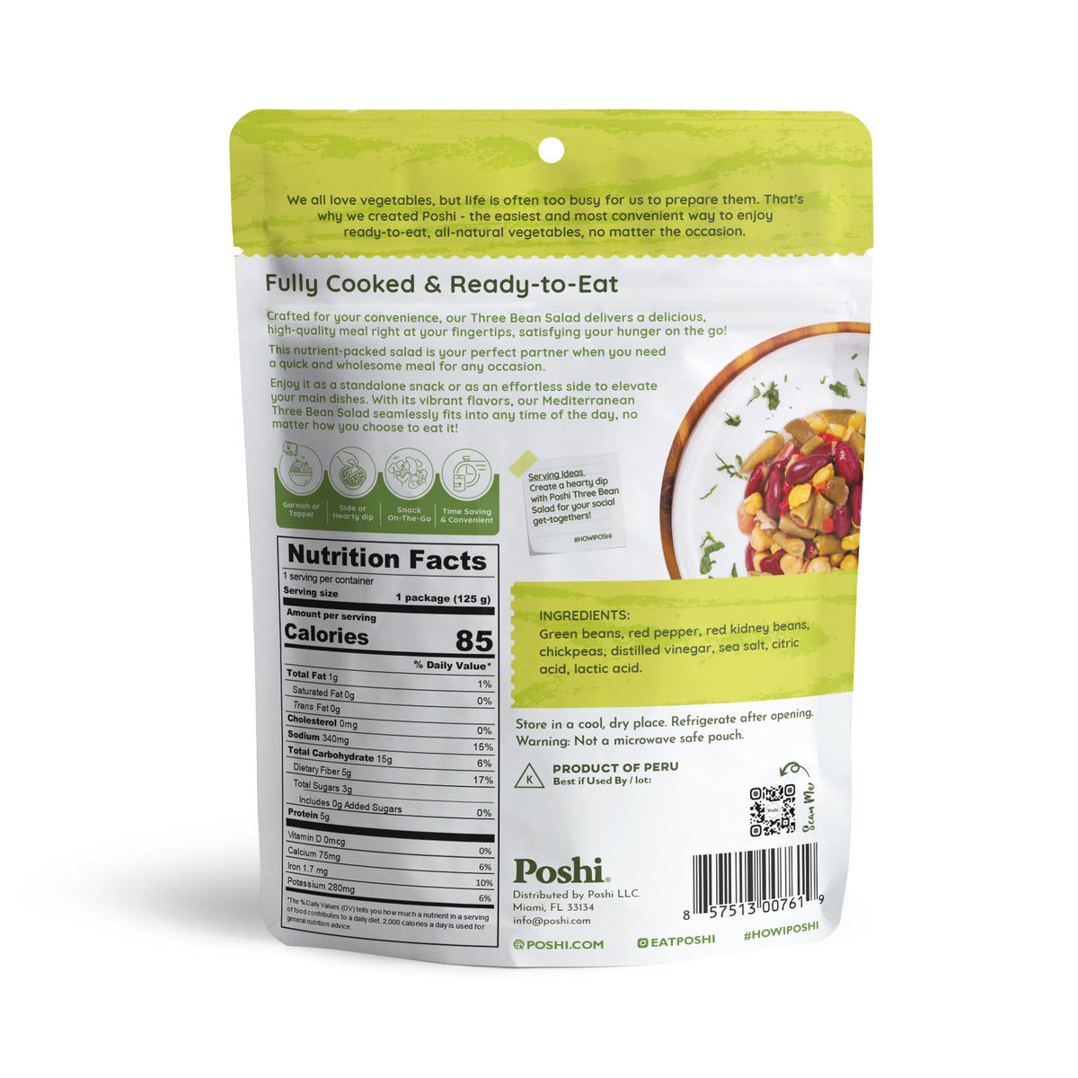 POSHI Mediterranean Three Bean Salad – Ready to Eat, Vegan, Keto, Gluten Free, 6 Pack (4.4 oz each)