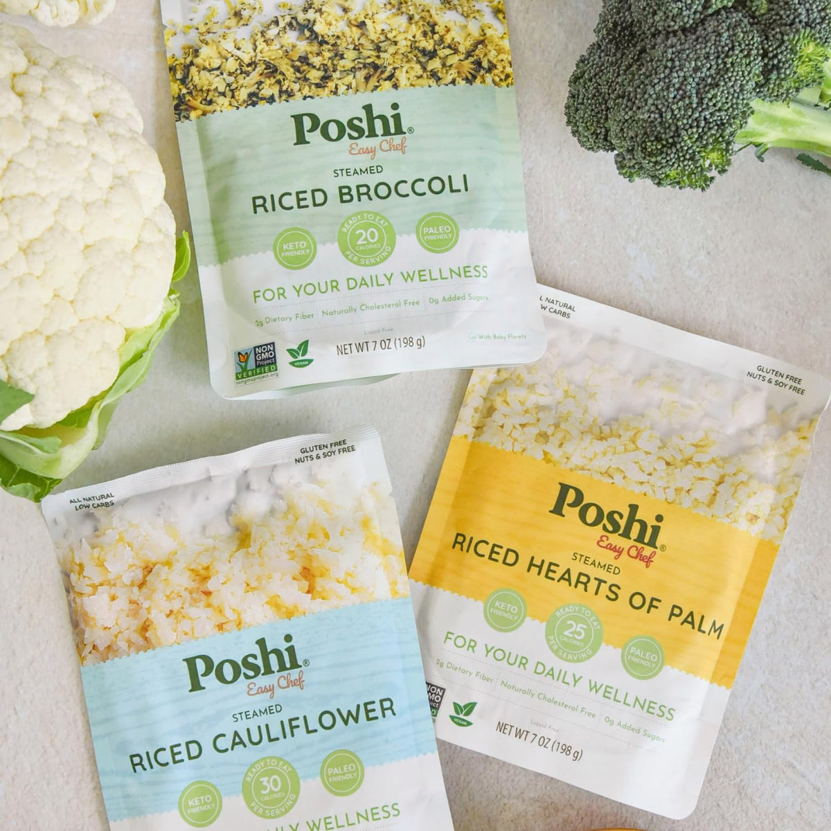 POSHI Riced Vegetables Variety Pack – Ready-to-Eat, Low-Carb, Gluten-Free (7oz, 6 Pack)