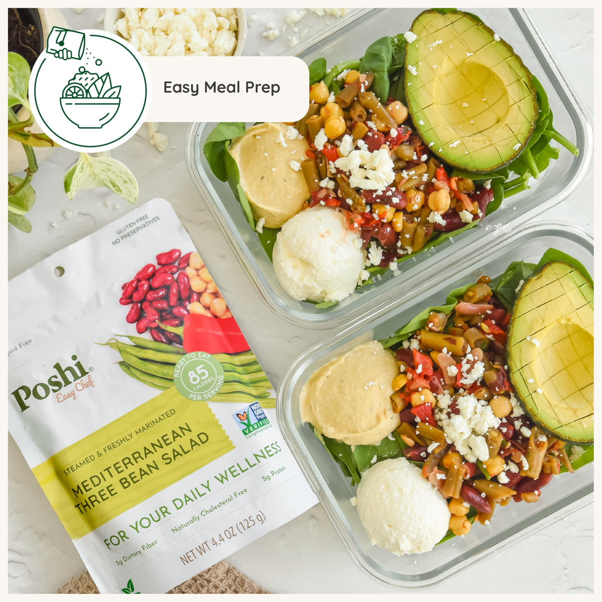 POSHI Mediterranean Three Bean Salad – Ready to Eat, Vegan, Keto, Gluten Free, 6 Pack (4.4 oz each)