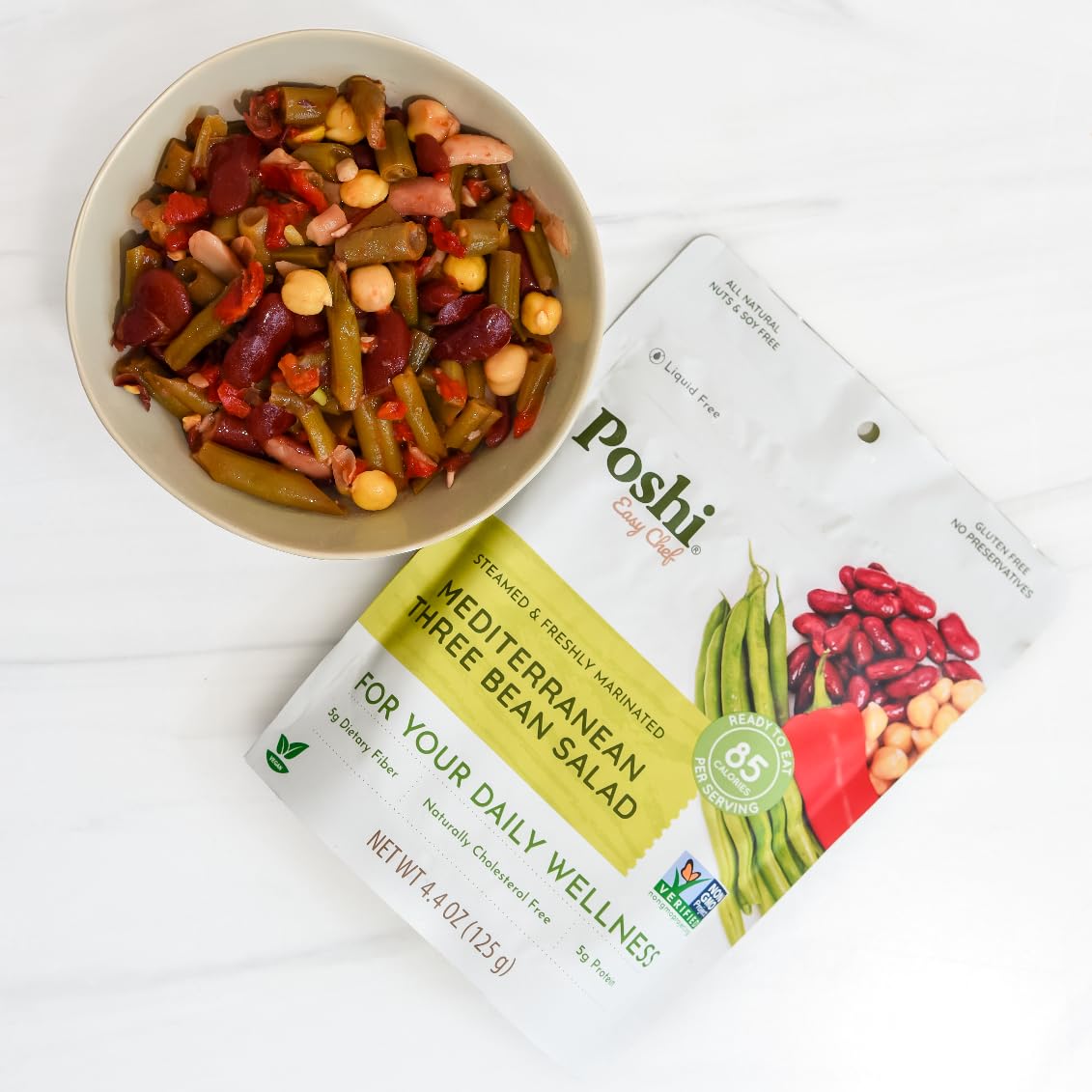 POSHI Mediterranean Three Bean Salad – Ready to Eat, Vegan, Keto, Gluten Free, 6 Pack (4.4 oz each)
