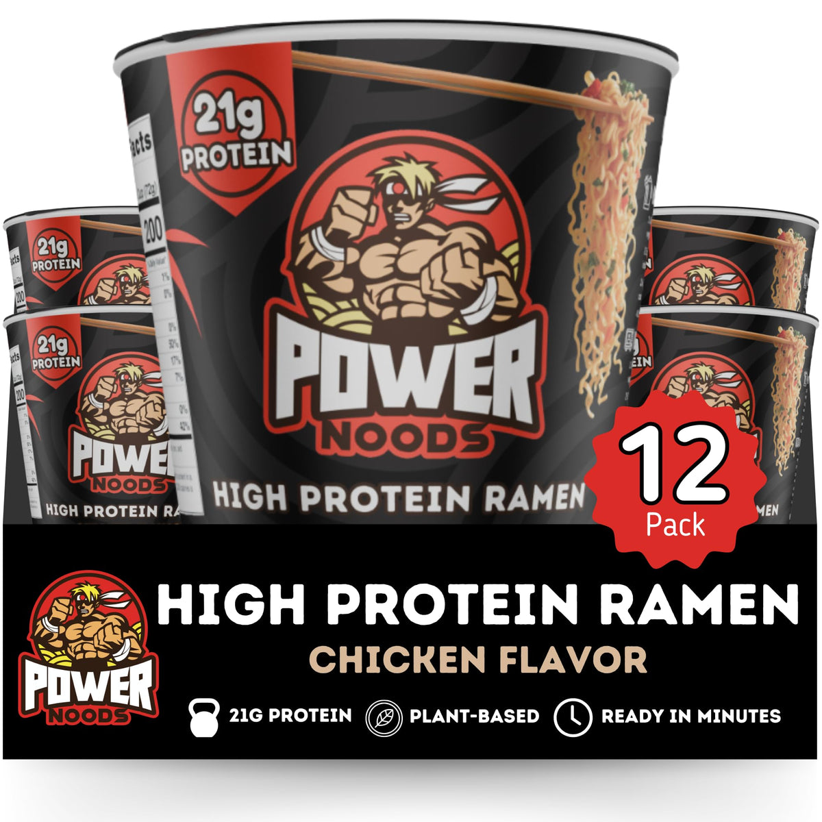 Power Noods High Protein Ramen Noodles - 12 or 6 Pack | Plant-Based Instant Meal