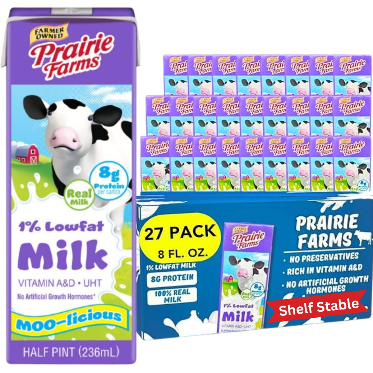 Prairie Farms 1% Shelf-Stable Milk – Ultra Pasteurized, Vitamin A & D, No Preservatives (8 fl oz Box, 27 Pack)