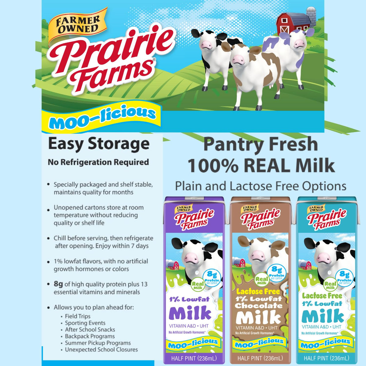 Prairie Farms 1% Shelf-Stable Milk – Ultra Pasteurized, Vitamin A & D, No Preservatives (8 fl oz Box, 27 Pack)