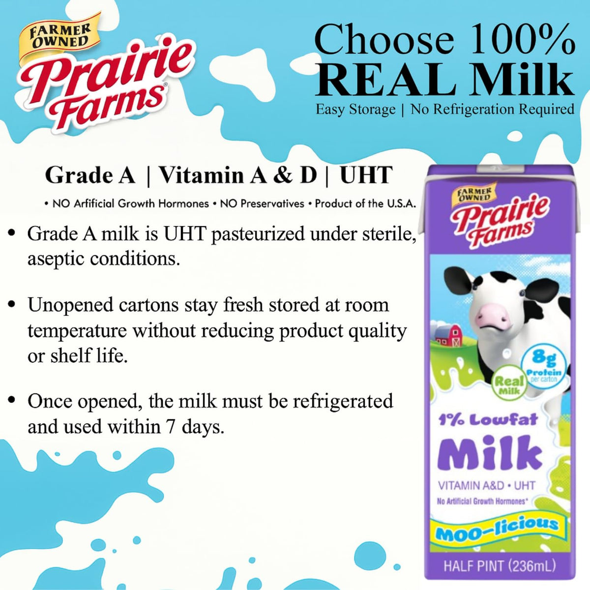 Prairie Farms 1% Shelf-Stable Milk – Ultra Pasteurized, Vitamin A & D, No Preservatives (8 fl oz Box, 27 Pack)