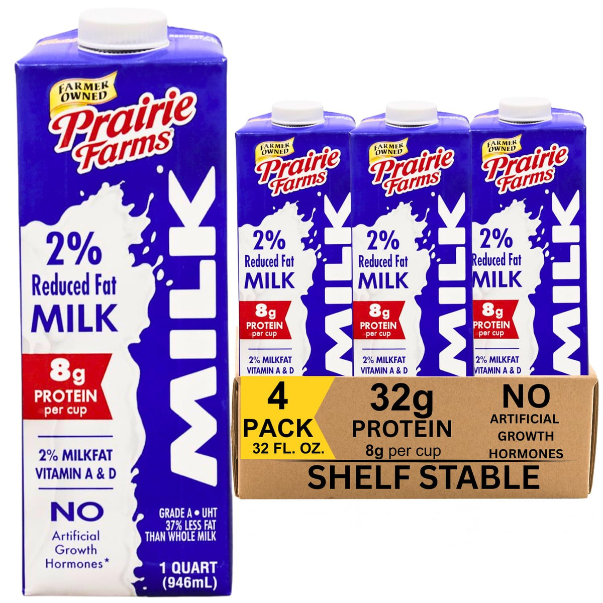 Prairie Farms 2% Shelf-Stable Milk (Boxed UHT) with Vitamin D — 4 Quart Pack, USA Made