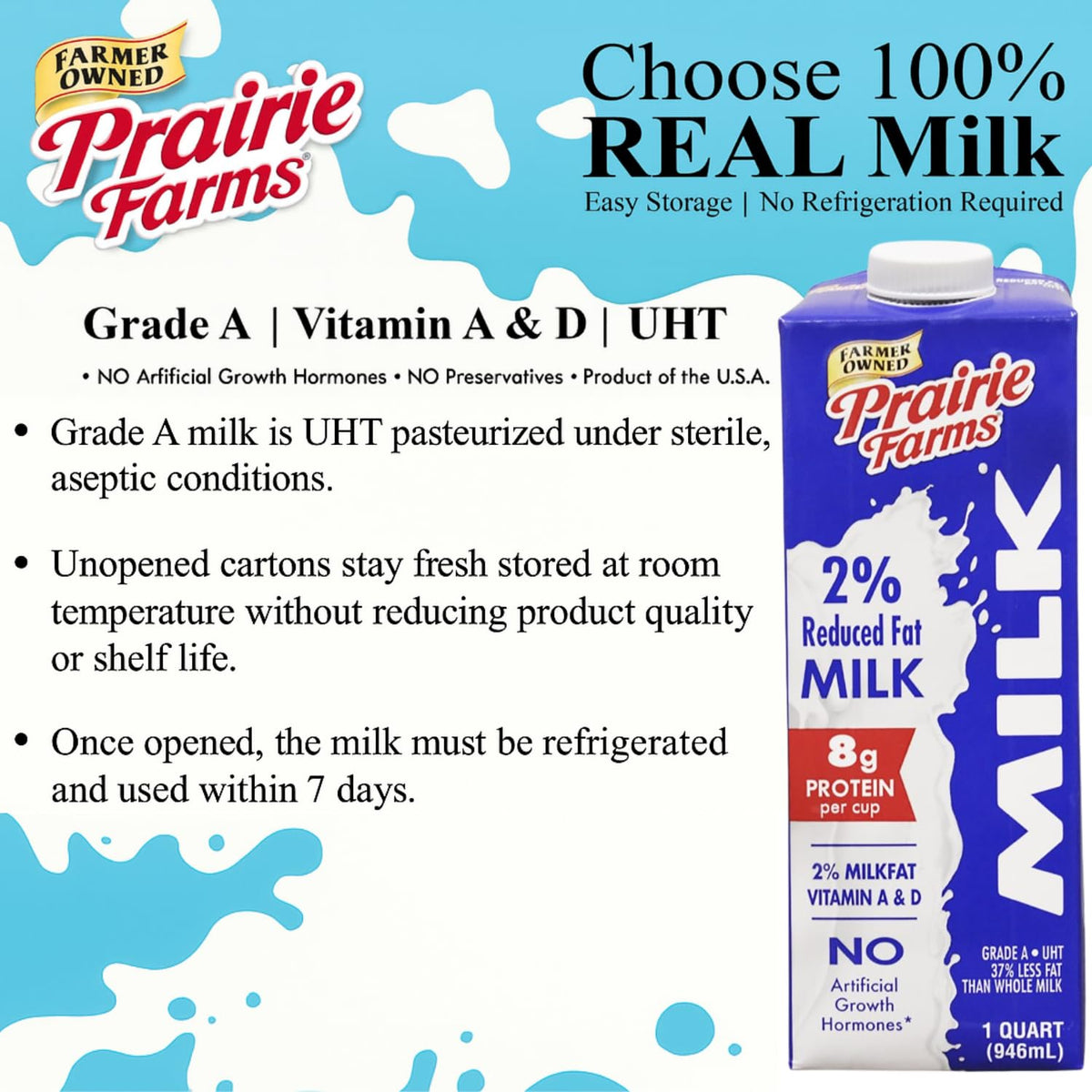 Prairie Farms 2% Shelf-Stable Milk (Boxed UHT) with Vitamin D — 4 Quart Pack, USA Made