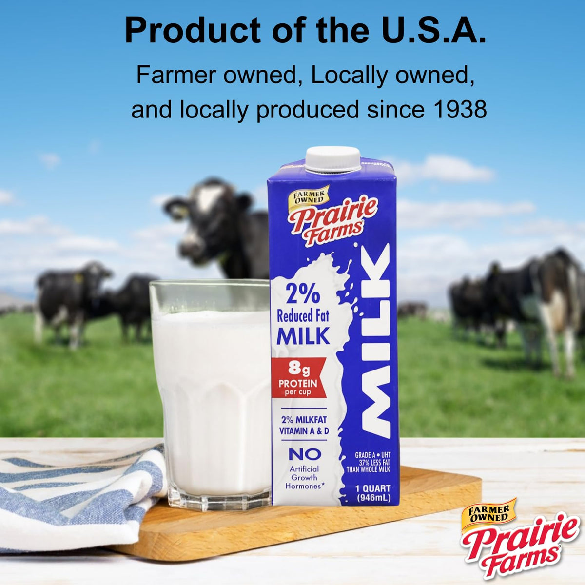 Prairie Farms 2% Shelf-Stable Milk (Boxed UHT) with Vitamin D — 4 Quart Pack, USA Made