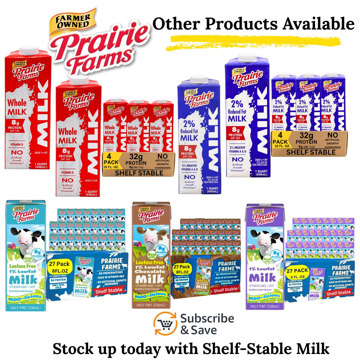 Prairie Farms 2% Shelf-Stable Milk (Boxed UHT) with Vitamin D — 4 Quart Pack, USA Made