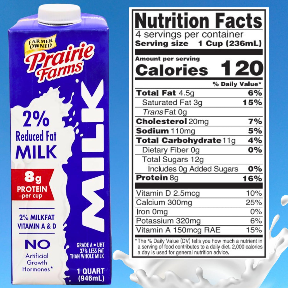 Prairie Farms 2% Shelf-Stable Milk (Boxed UHT) with Vitamin D — 4 Quart Pack, USA Made