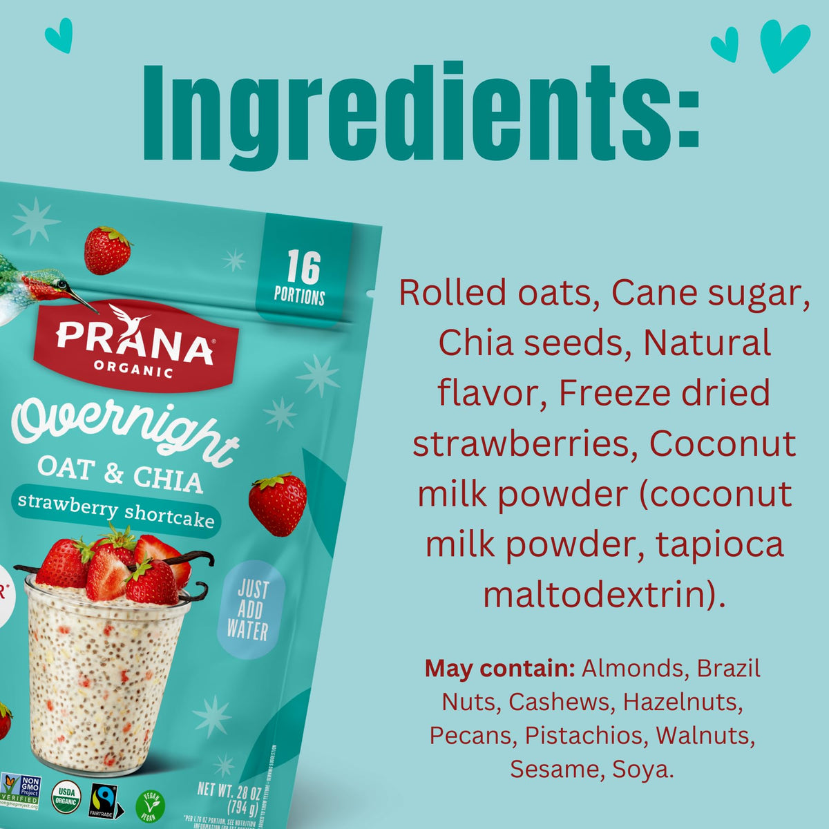 Prana Organic Overnight Chia with Oats Strawberry Shortcake – 2 Pack | Vegan, Non-GMO, Ready-to-Eat Breakfast