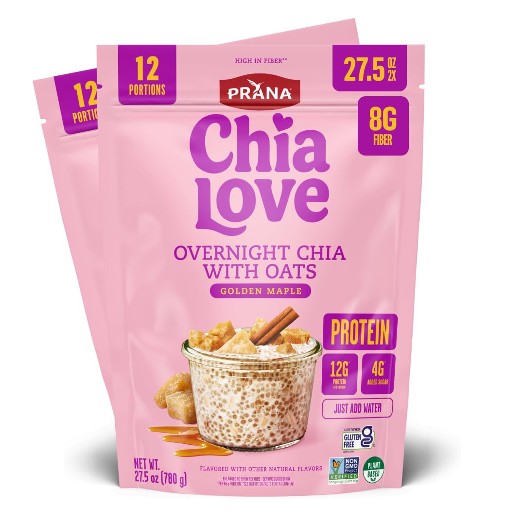 Prana Chialove Overnight Chia with Oats – Golden Maple, 12g Protein, Low Sugar, 2-Pack