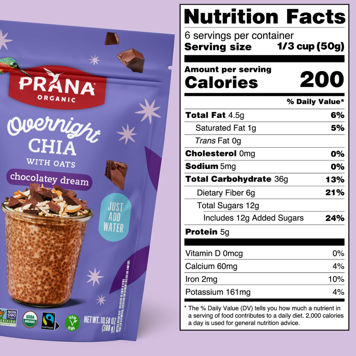 Prana Organic Overnight Chia with Oats Chocolatey Dream – Vegan, High Fiber & Protein, Non-GMO | Fairtrade Chia Pudding 10.58 oz (6 Pack)