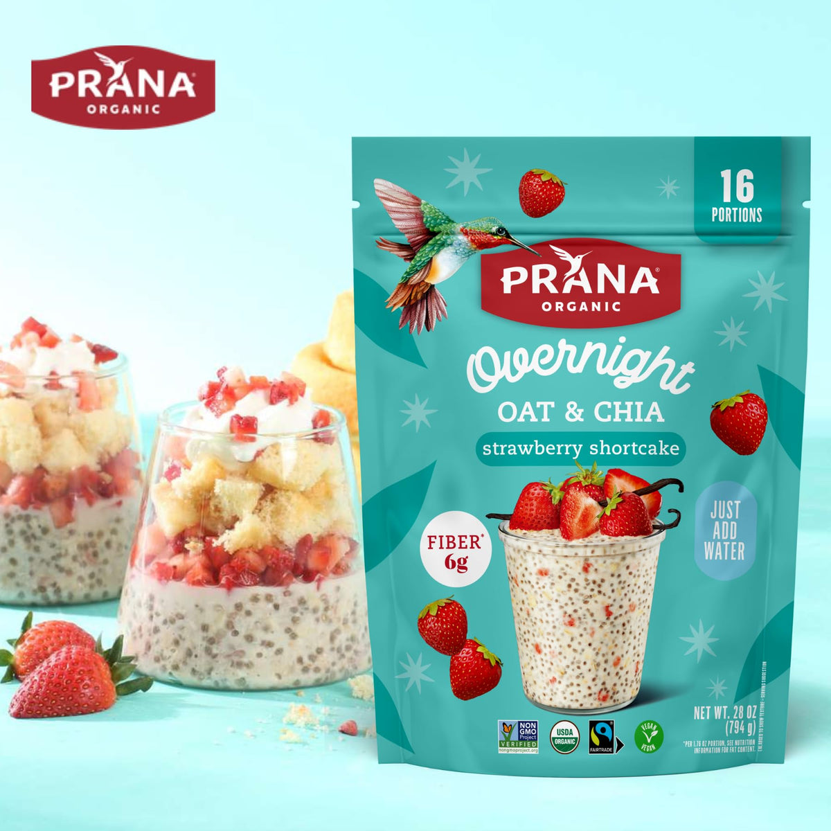Prana Organic Overnight Chia with Oats Strawberry Shortcake – 2 Pack | Vegan, Non-GMO, Ready-to-Eat Breakfast