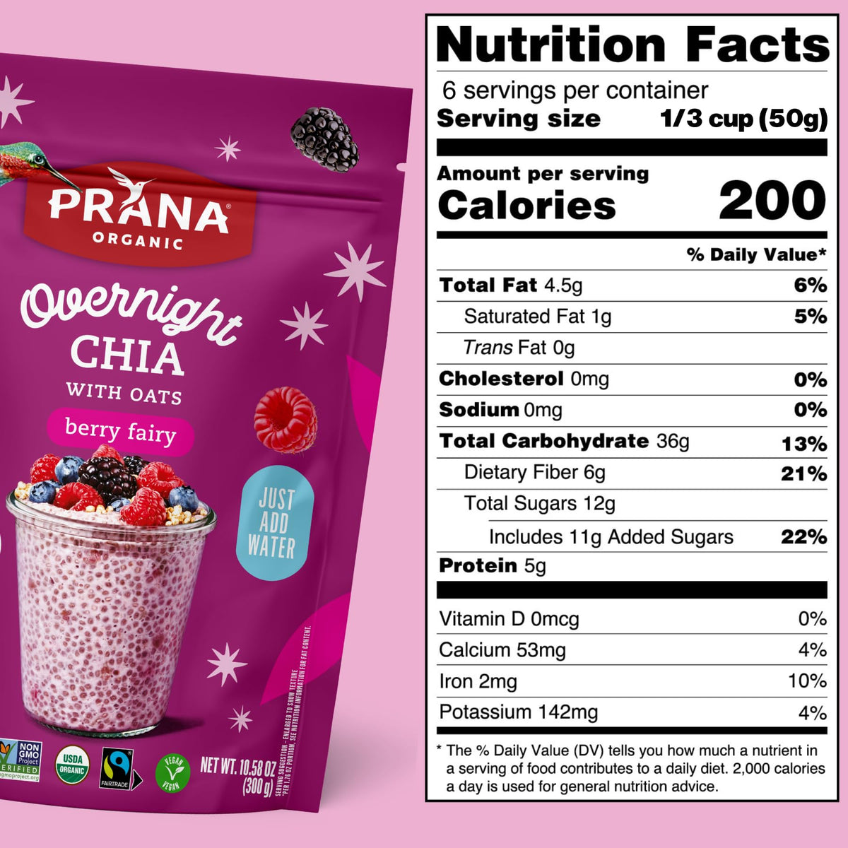 Prana Organic Overnight Chia with Oats Berry Fairy – Vegan, Non-GMO Breakfast, 6-Pack