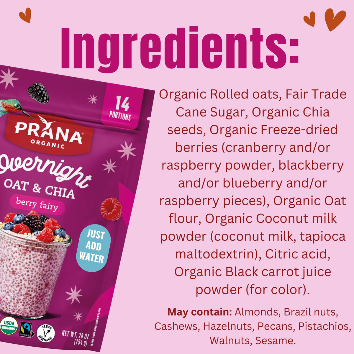 Prana Organic Overnight Chia with Oats Berry Fairy – Fiber-Rich Vegan Breakfast (2 x 28 oz)