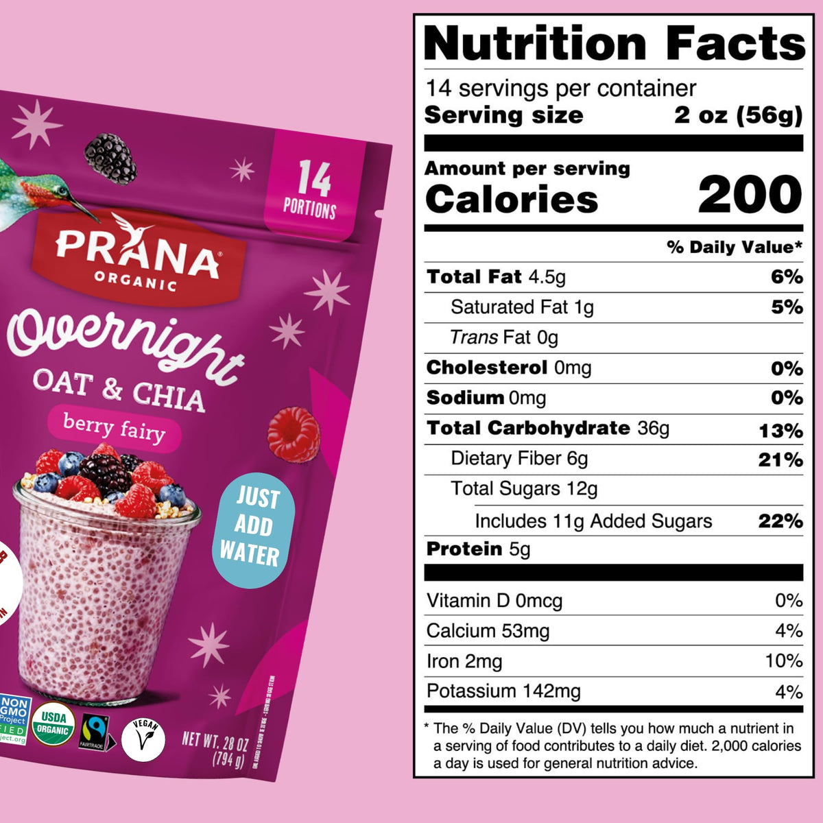 Prana Organic Overnight Chia with Oats Berry Fairy – Fiber-Rich Vegan Breakfast (2 x 28 oz)