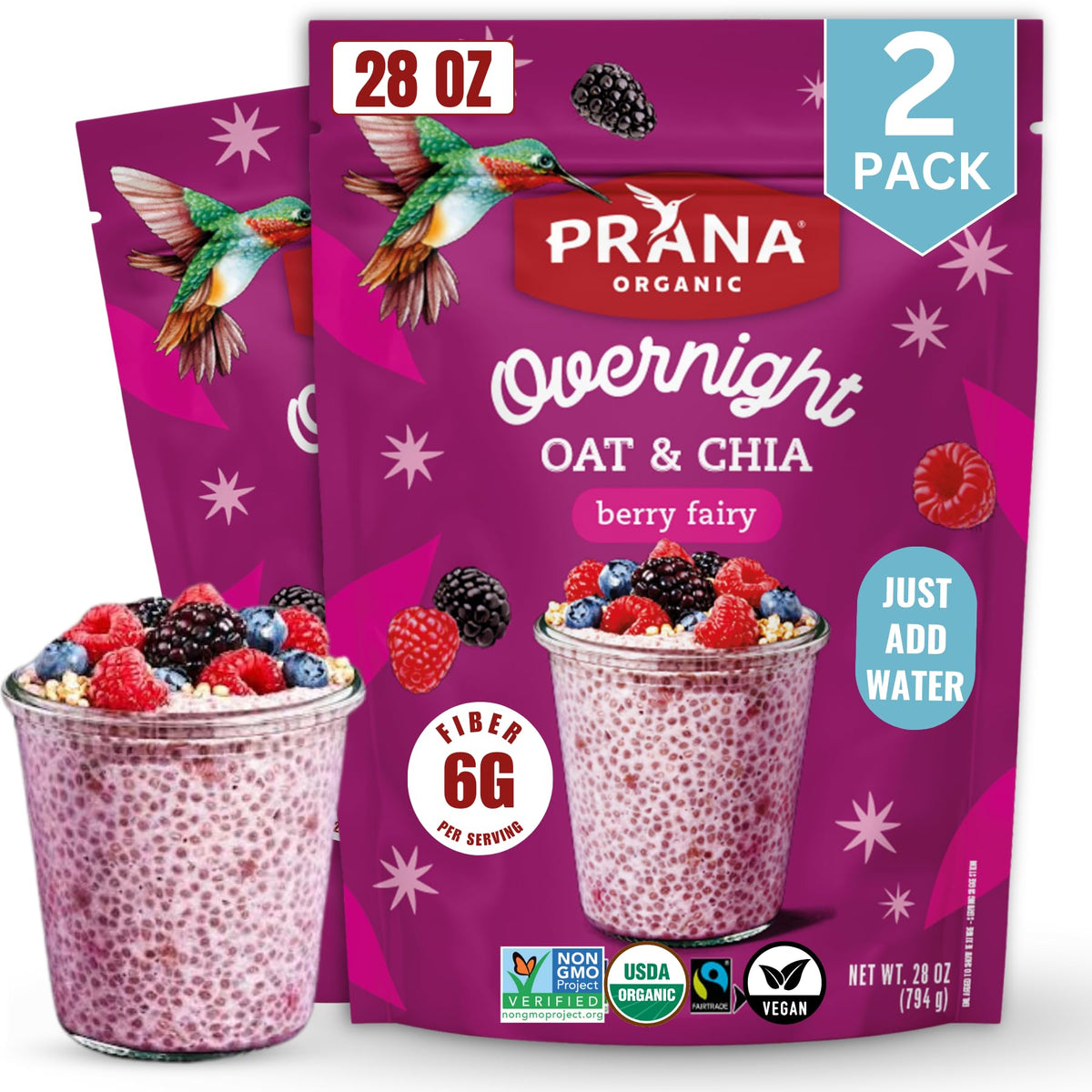 Prana Organic Overnight Chia with Oats Berry Fairy – Fiber-Rich Vegan Breakfast (2 x 28 oz)
