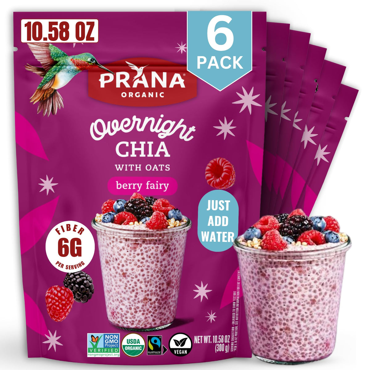 Prana Organic Overnight Chia with Oats Berry Fairy – Vegan, Non-GMO Breakfast, 6-Pack