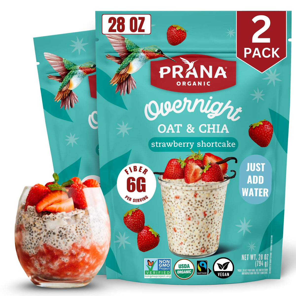 Prana Organic Overnight Chia with Oats Strawberry Shortcake – 2 Pack | Vegan, Non-GMO, Ready-to-Eat Breakfast
