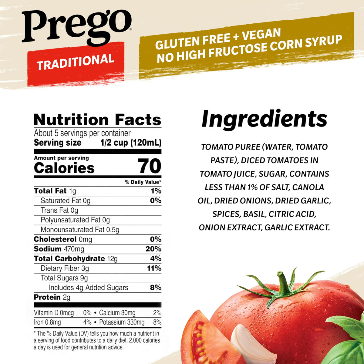Prego Traditional Pasta Sauce, 24 oz Jar (Case of 12) – Gluten Free, Vegan, No MSG