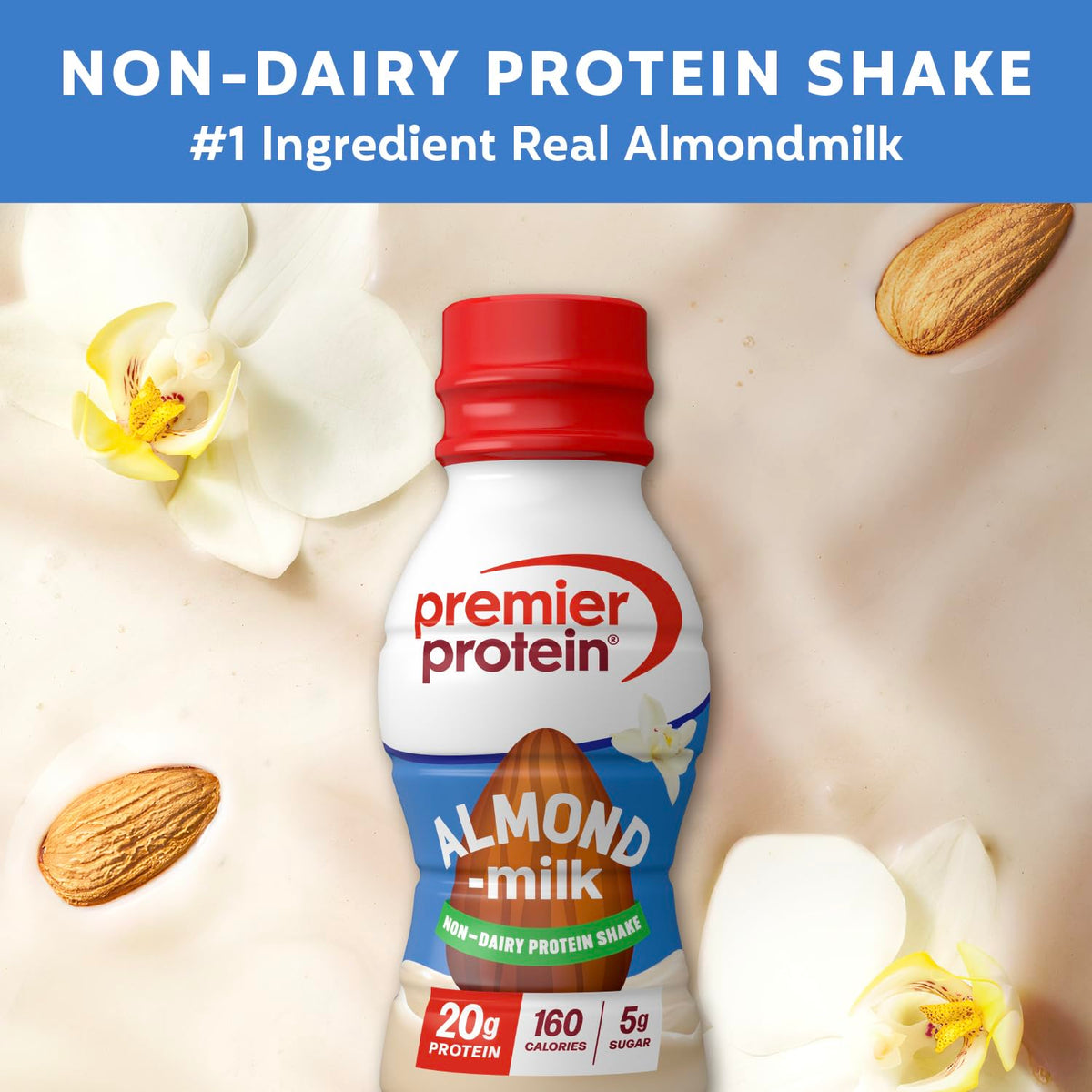 Premier Protein Non-Dairy Almondmilk Protein Shake Vanilla — 20g Plant-Based Protein, 5g Sugar, 11.5 fl oz (12 Pack)
