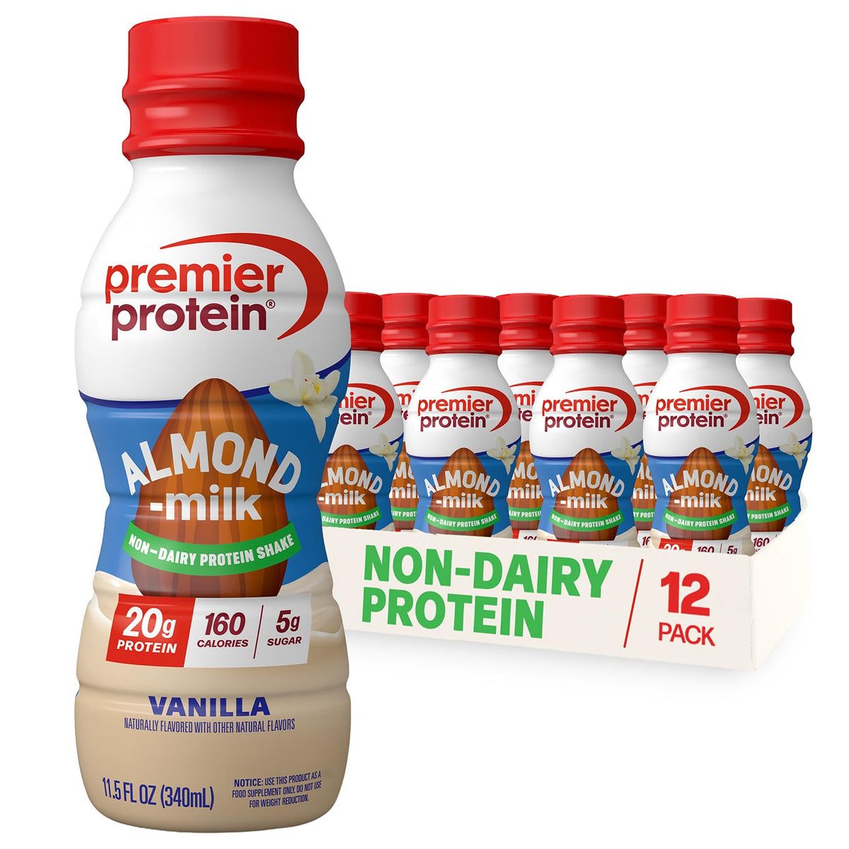 Premier Protein Non-Dairy Almondmilk Protein Shake Vanilla — 20g Plant-Based Protein, 5g Sugar, 11.5 fl oz (12 Pack)