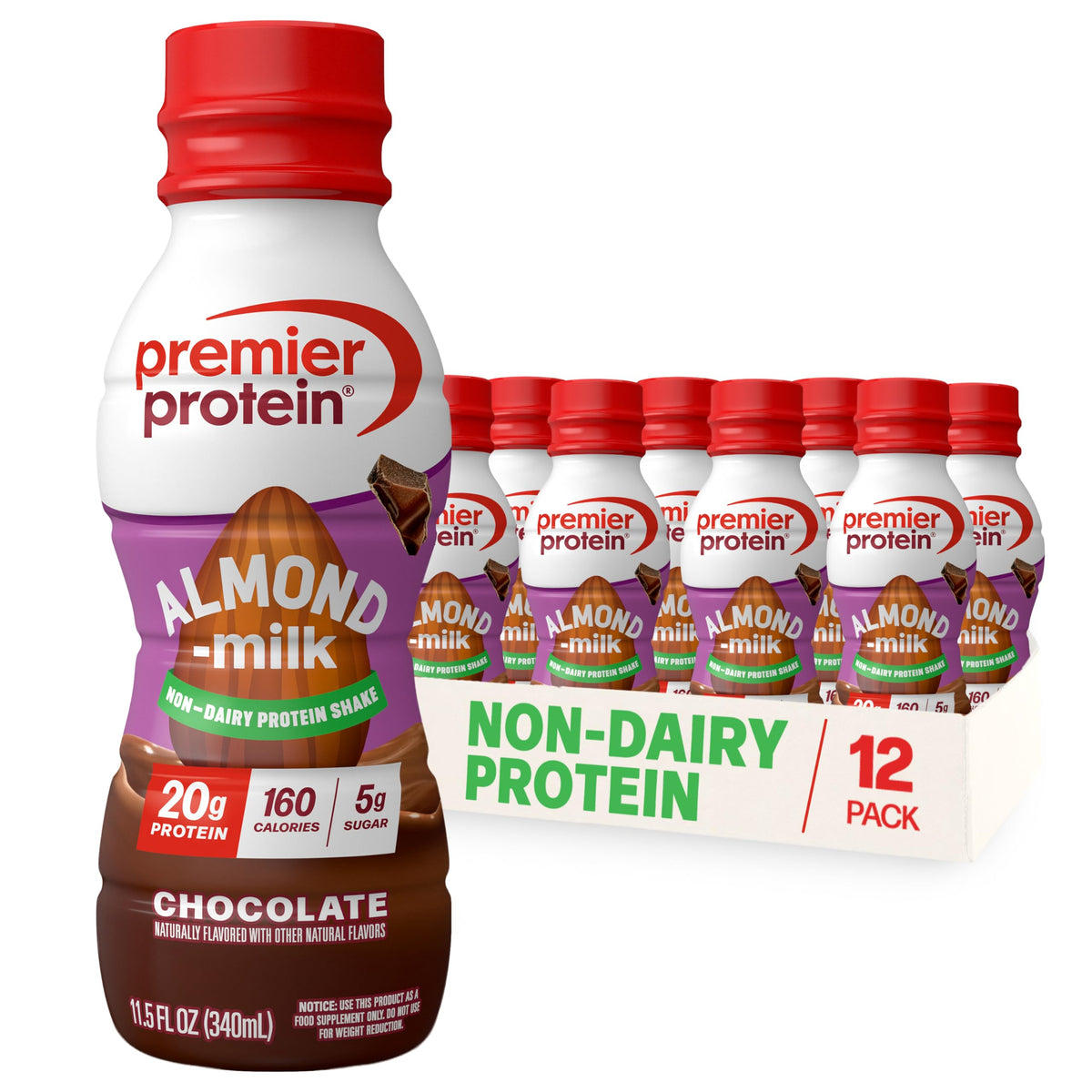 Premier Protein Almondmilk Shake – Chocolate, 20g Protein, Non-Dairy, 11.5 fl oz, 12 Count