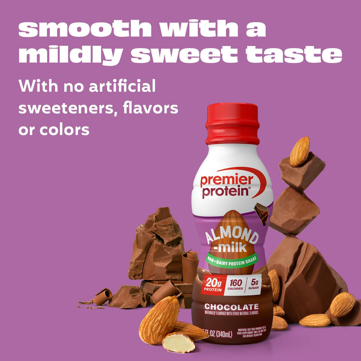 Premier Protein Almondmilk Shake – Chocolate, 20g Protein, Non-Dairy, 11.5 fl oz, 12 Count