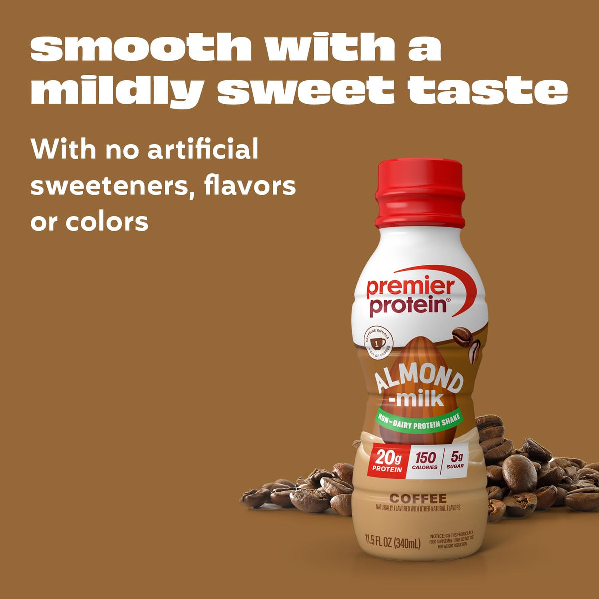 Premier Protein Non-Dairy Coffee Almondmilk Shake with Caffeine — 20g Protein, 5g Sugar, 11.5 Fl Oz (12 Pack)