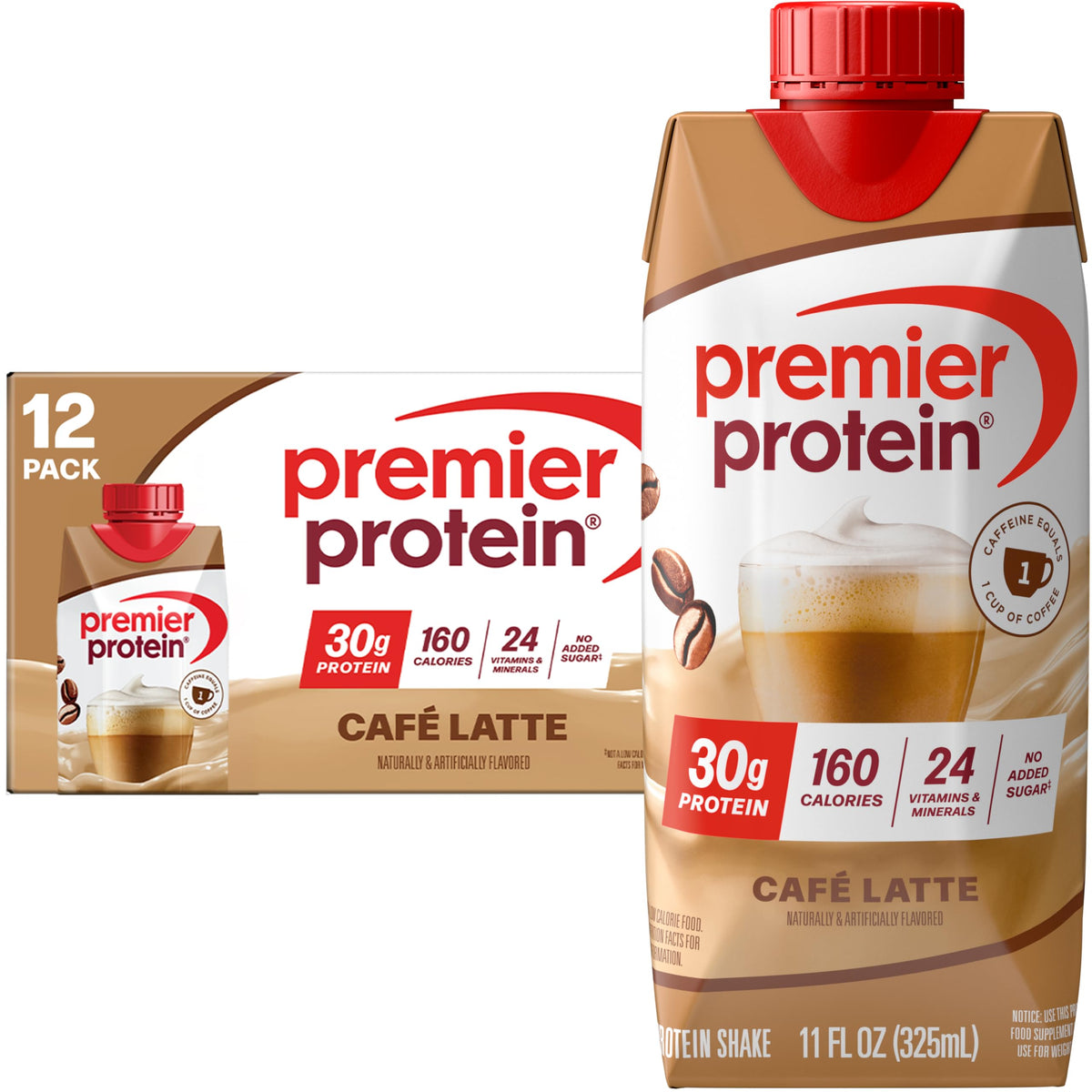 Premier Protein Shake Cafe Latte with Caffeine – 30g Protein, 1g Sugar, 24 Vitamins & Minerals, 11 oz, 12 Pack