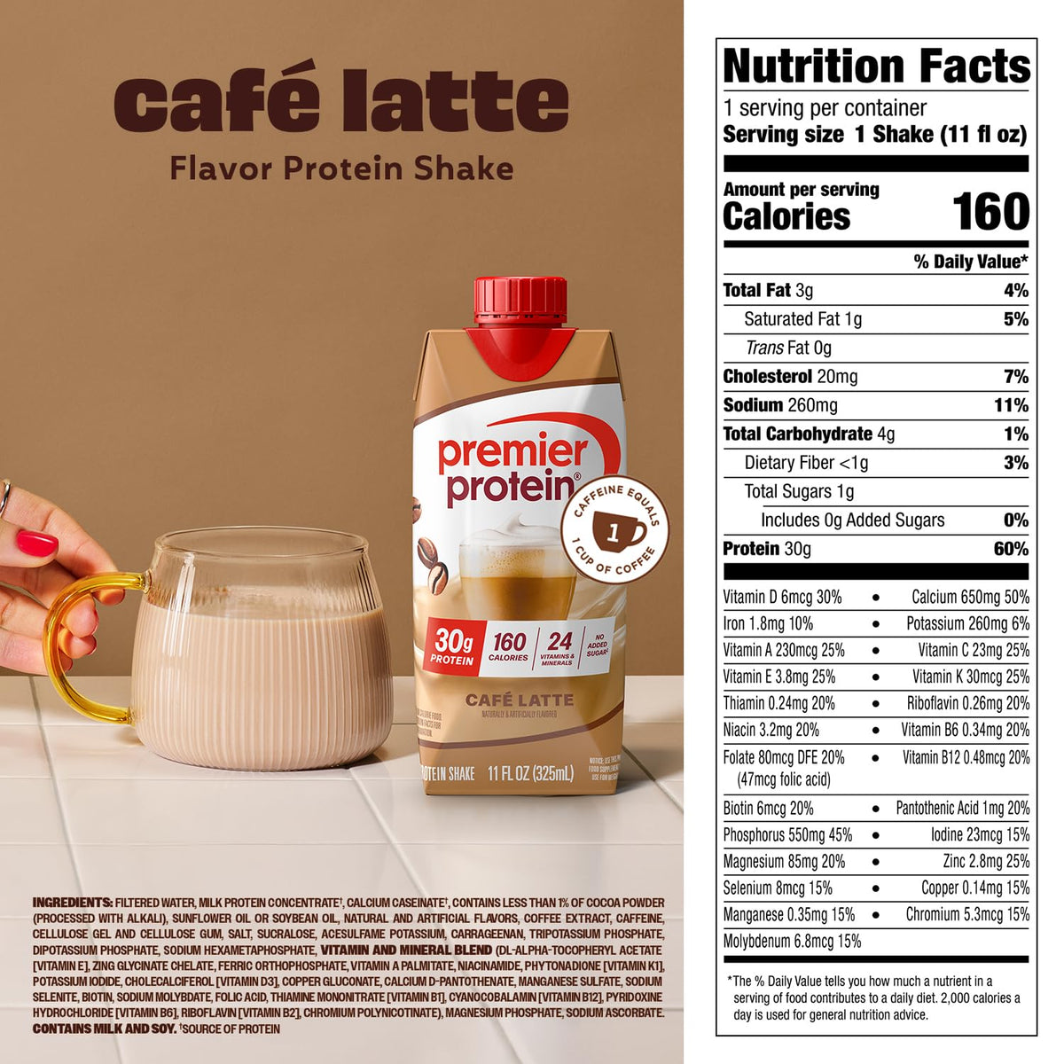 Premier Protein Shake Cafe Latte with Caffeine – 30g Protein, 1g Sugar, 24 Vitamins & Minerals, 11 oz, 12 Pack