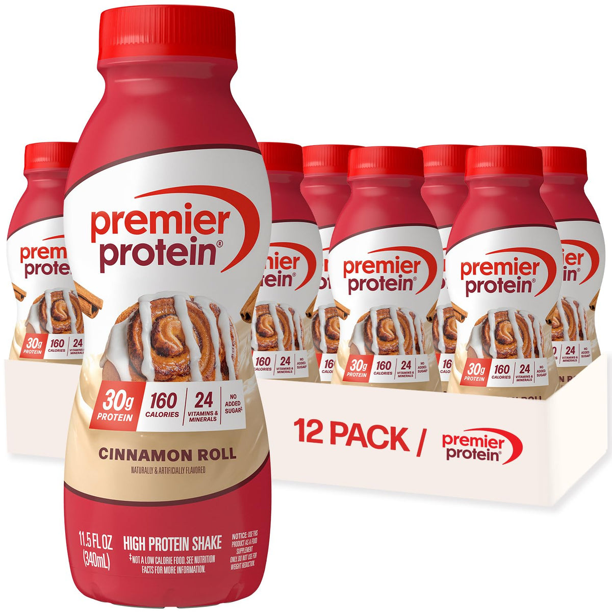 Premier Protein Shake Cinnamon Roll — 30g Protein, 1g Sugar, 24 Vitamins & Minerals, 11.5 fl oz, 12 Pack