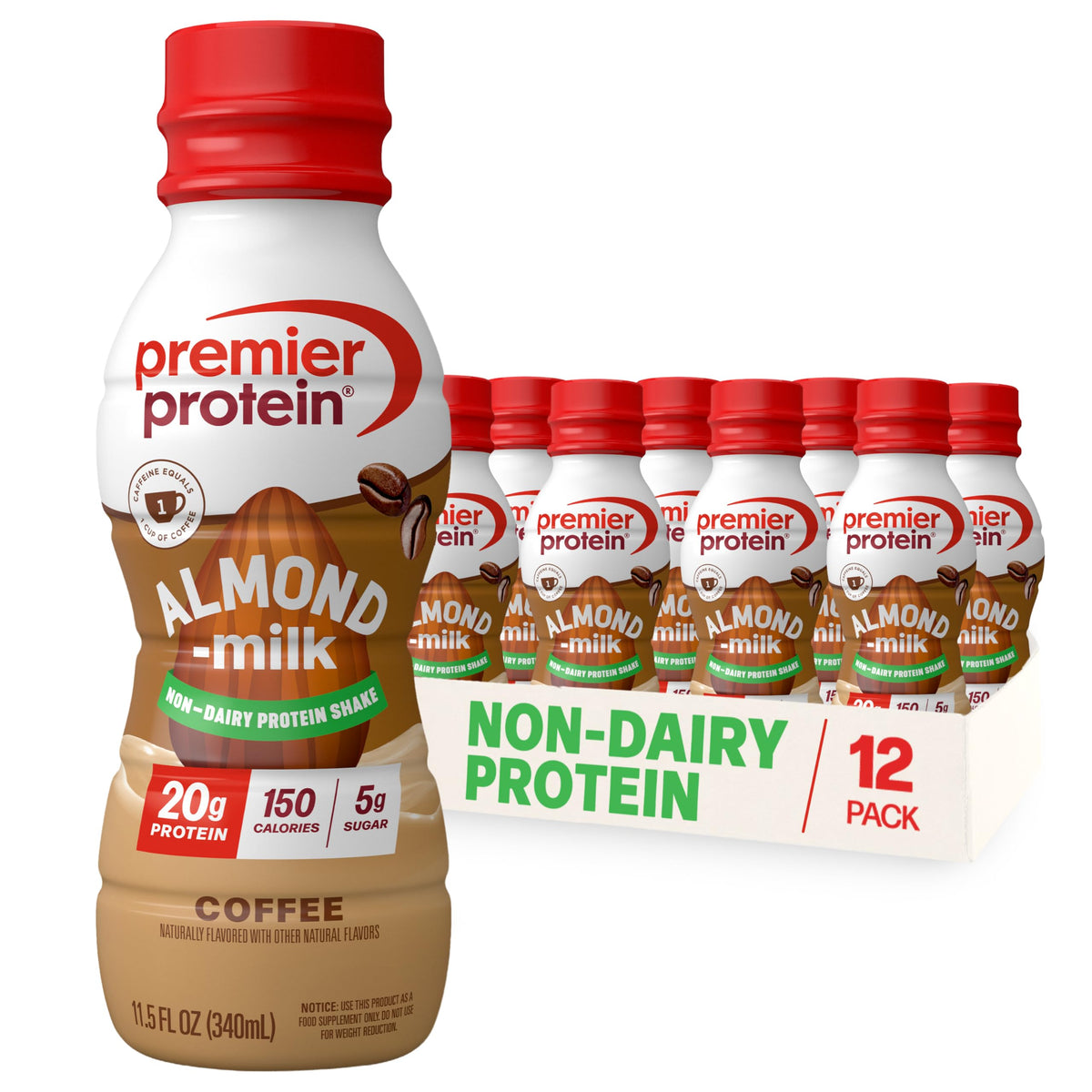 Premier Protein Non-Dairy Coffee Almondmilk Shake with Caffeine — 20g Protein, 5g Sugar, 11.5 Fl Oz (12 Pack)