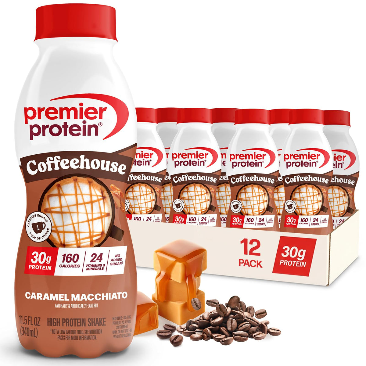 Premier Protein Coffeehouse Caramel Macchiato Shake – 30g Protein, Caffeine, No Added Sugar | 11.5 fl oz Bottle (12 Pack)