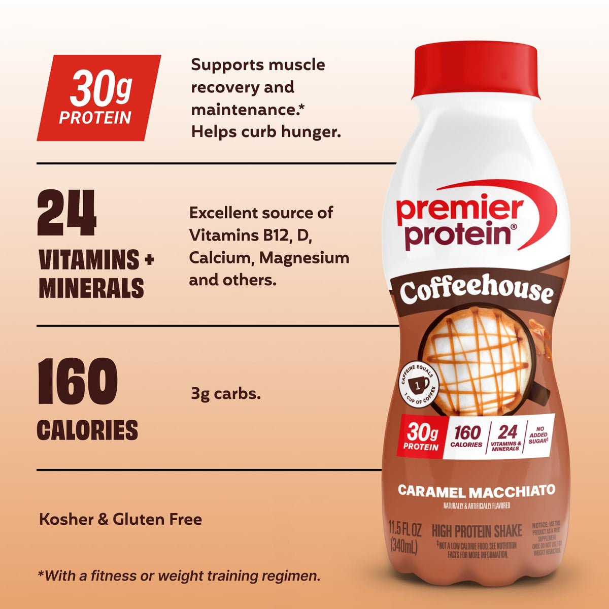 Premier Protein Coffeehouse Caramel Macchiato Shake – 30g Protein, Caffeine, No Added Sugar | 11.5 fl oz Bottle (12 Pack)