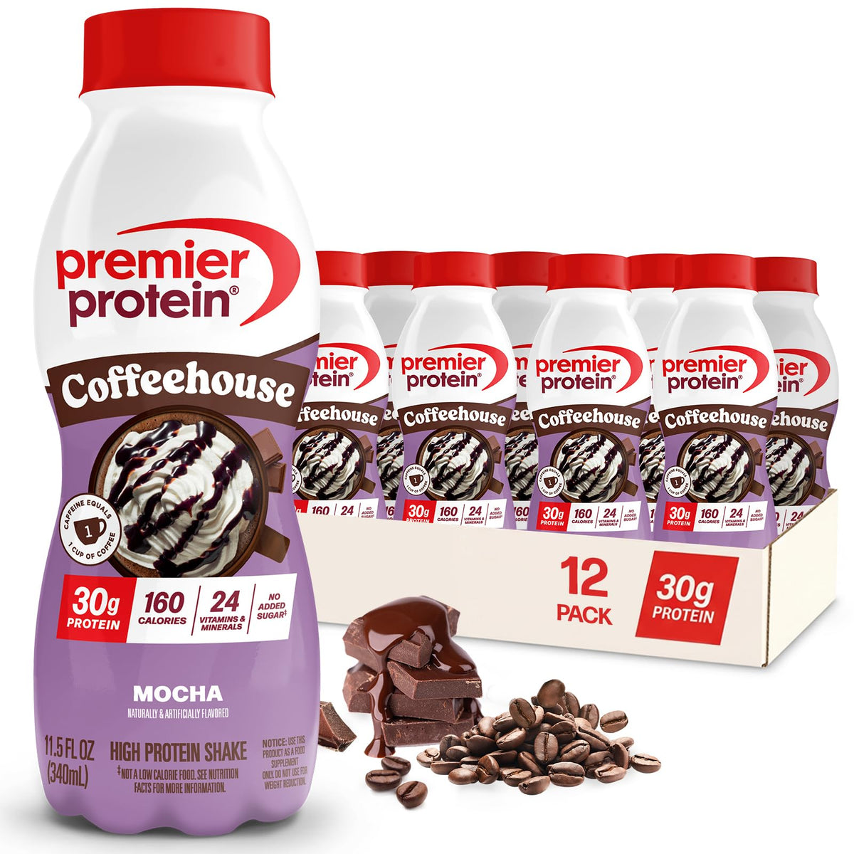 Premier Protein COFFEEHOUSE Mocha Shake – 30g Protein, 1g Sugar, 160 Cal, 12 Pack