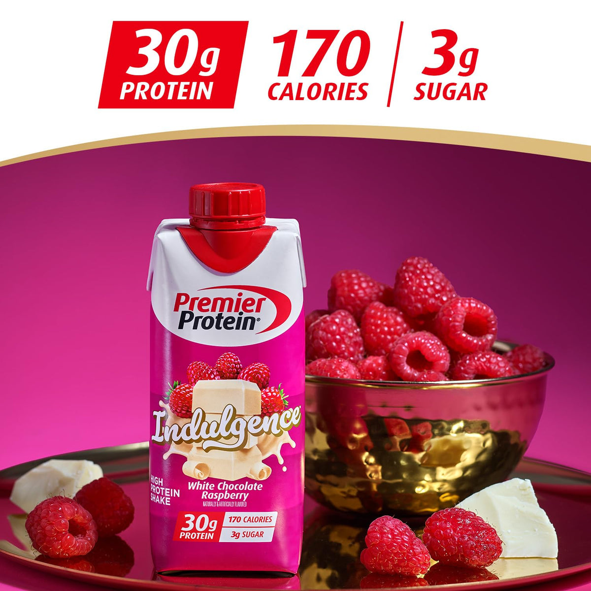 Premier Protein Shake Indulgence White Chocolate Raspberry | 30g Protein, 170 Calories, 3g Sugar, 11 fl oz, 12 Pack
