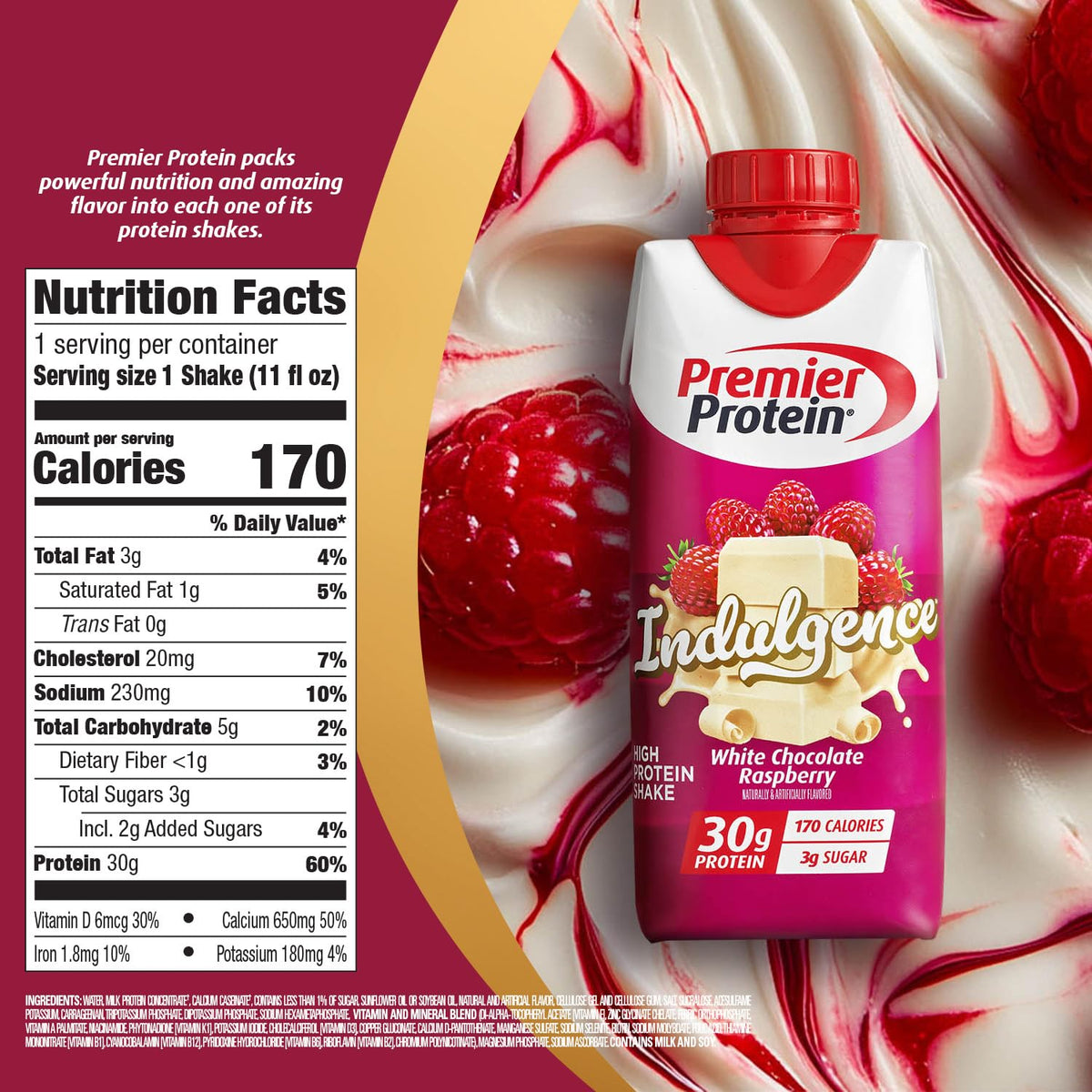 Premier Protein Shake Indulgence White Chocolate Raspberry | 30g Protein, 170 Calories, 3g Sugar, 11 fl oz, 12 Pack