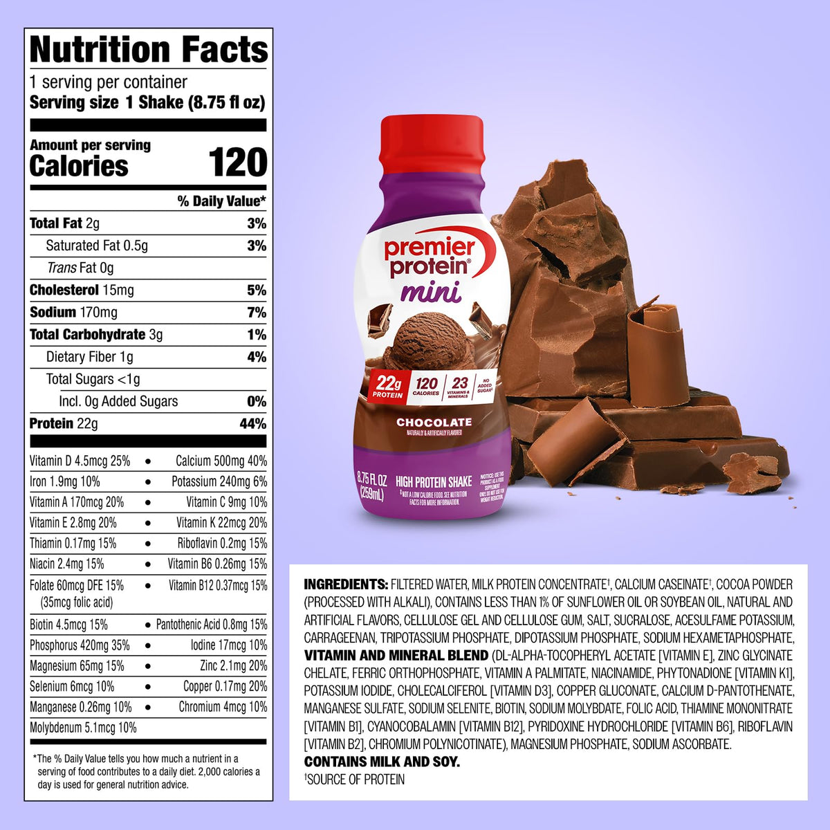 Premier Protein Shake MINIs – Chocolate, 22g Protein, 120 Calories, No Added Sugar, 8.75 fl oz, 12 Pack