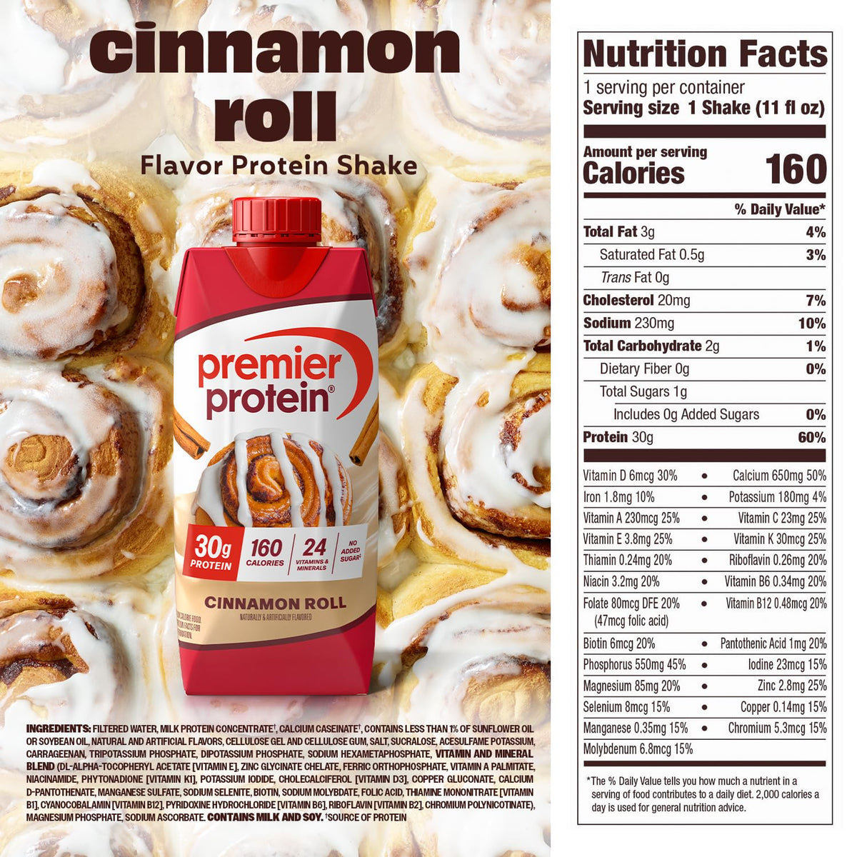 Premier Protein Shake Cinnamon Roll — 30g Protein, 1g Sugar, 24 Vitamins & Minerals, 11.5 fl oz, 12 Pack